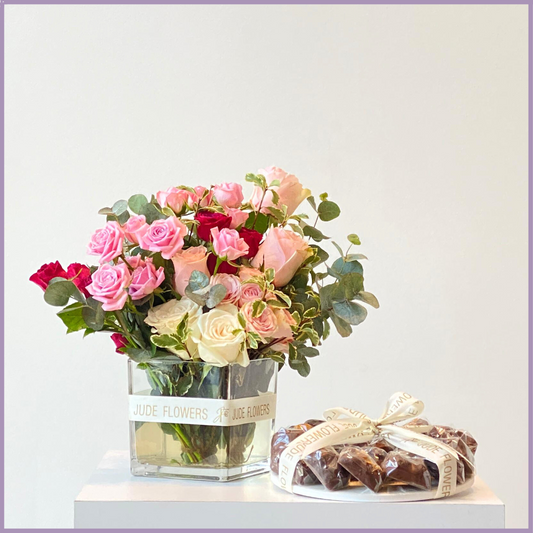 The Petal & Treat Arrangement - Rose & Spray Rose Gift Set with Assorted Chocolates – chocolate, delivered in Bahrain