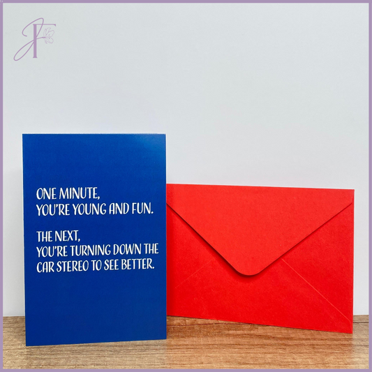 Turning Down Stereo Birthday Card - Humorous Single Card with Red Envelope