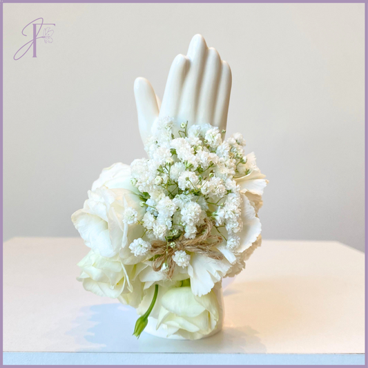 White Serenade Wristlet - Elegant Lisianthus & Carnation Bracelet