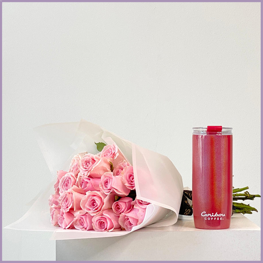 The Blushing Rose & Caribou Tumbler Gift Set – flowers, delivered in Bahrain